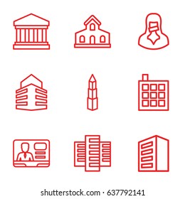 Government icons set. set of 9 government outline icons such as building, tv speaker, censored woman, court building