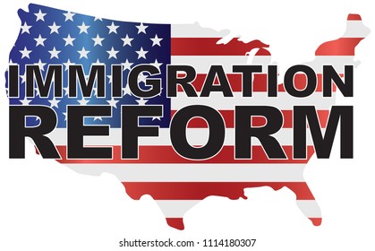 Government Immigration Reform Text Outline with American USA Flag in Country Map Silhouette vector Illustration