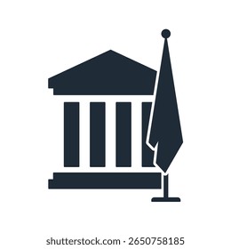 Institución gubernamental con una bandera. Programa estatal, política. Ilustración de icono lineal de Vector aislado sobre fondo blanco.