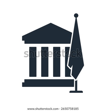 Government institution with a flag. State program, policy. Vector linear icon illustration isolated on white background.