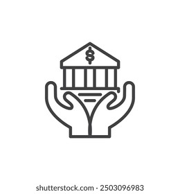 Government Intervention line icon. linear style sign for mobile concept and web design. Hands holding government building outline vector icon. Symbol, logo illustration. Vector graphics