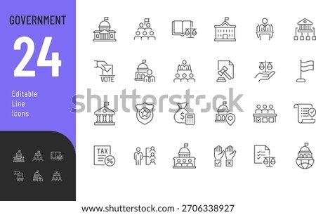 Government Line Editable Icons set. Vector illustration in modern thin style of state management related icons: law, taxes, parliament, and more. Isolated on transparent background.