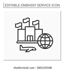 Government line icon. Help and support citizens from different countries. Worldwide organization.Embassy service concept. Isolated vector illustration. Editable stroke