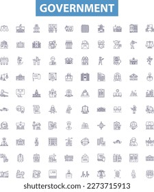 Government line icons, signs set. Policy, Law, Politics, Authority, Regulation, Constituents, Bureaucracy, Administration, Taxation outline vector illustrations.