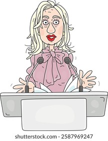 Government official or business woman giving a speech and making an official statement at a podium with microphones at a press conference, vector cartoon illustration on a white background