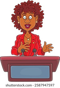 Government official or business woman making an official statement at a podium with microphones at a press conference, vector cartoon illustration on a white background