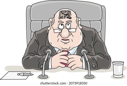 Government Official With A QR Code On His Forehead Sitting At His Desk And Making An Official Statement At A Meeting, Vector Cartoon Illustration On A White Background