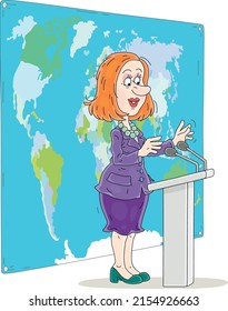 Government Official Standing With Microphones Against A World Map And Making A Statement At A Press Conference, Vector Cartoon Illustration Isolated On A White Background