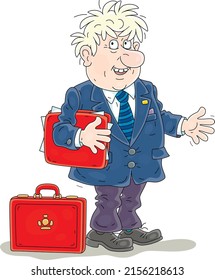 Government Official Standing With A Red Briefcase And A Folder Of Documents And Making A Press Statement, Vector Cartoon Illustration Isolated On A White Background