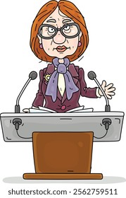 Government official taking his very important speech at a meeting or press conference, vector cartoon illustration on a white background