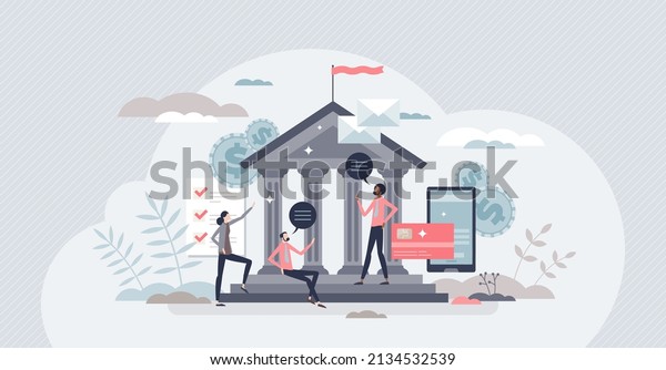 Government officials and national public\
building workers tiny person concept. Democratic community labor\
work in federal house vector illustration. Legal finance and\
economic ministry bank\
workers.