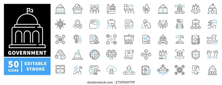 Government outline icon set: editable stroke thin line style for public services and policy