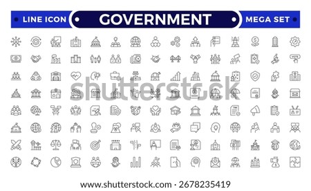 Government outline icon set. Includes governance, charity, justice, inclusion, diversity, and advocacy symbols. Modern outline icons for social policy, human rights, and public service themes.
