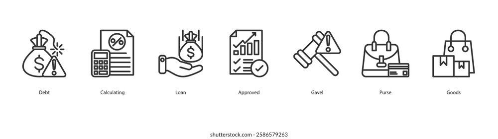 Government Policies Icon Sheet Debt, Calculating, Loan, Approved, Gavel, Purse, Goods