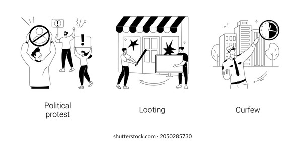 Government Policy Abstract Concept Vector Illustration Set. Political Protest, Looting And Curfew, Riot Police, Political Activism, Mass Unrest, Street Action, Demonstration Abstract Metaphor.