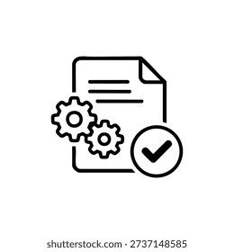 Government policy approval document icon with gears and check mark black and white vector illustration