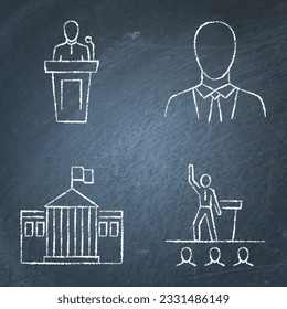 Government and politics chalkboard icon set. Political candidate, public speech, business meeting or conference symbols. Vector illustration.