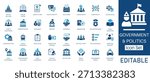 Government and Politics solid icon set. Featuring Election Vote, Law and Justice, Capitol Building, and Digital Identity. Solid vector icons for political campaigns, democracy, and legal services.