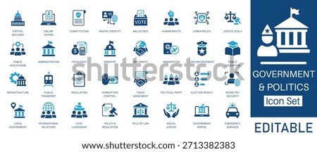 Government and Politics solid icon set. Featuring Election Vote, Law and Justice, Capitol Building, and Digital Identity. Solid vector icons for political campaigns, democracy, and legal services.