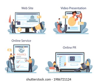 Government PR online service or platform set. Political party or political institutions public administration and promotion. Online PR, video presentation, website. Flat vector illustration