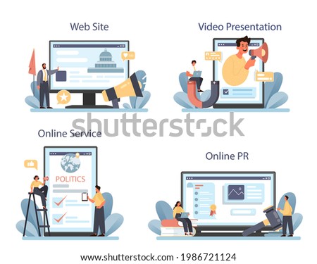 Government PR online service or platform set. Political party or political institutions public administration and promotion. Online PR, video presentation, website. Flat vector illustration