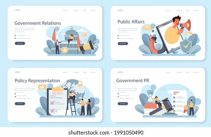Government PR web banner or landing page set. Political party or political institutions public administration and promotion. Positive relationship with electorate building. Flat vector illustration