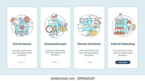 Government programs for business onboarding mobile app page screen. Startup walkthrough 4 steps graphic instructions with concepts. UI, UX, GUI vector template with linear color illustrations