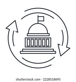 Reformas y cambios gubernamentales. Mejora de la ley. Icono lineal vectorial aislado en fondo blanco.