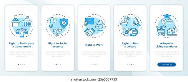 Government regulation rights blue onboarding mobile app screen. Walkthrough 5 steps editable graphic instructions with linear concepts. UI, UX, GUI template