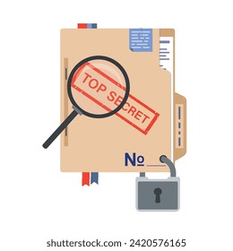 Government report top secret, seal stamped on folder with important documents. Cardboard folder with padlock, information protection. Document case with papers, bookmarks and stickers. Flat vector