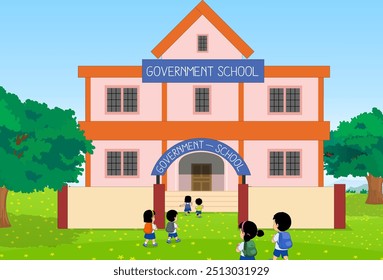 government school vector illustrations, Indian school building vector, kids going to school, kids in uniform vector