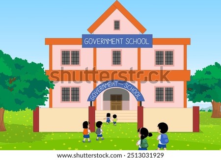 government school vector illustrations, Indian school building vector, kids going to school, kids in uniform vector