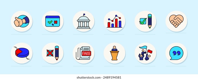 Government set icon. Thumbs up, online voting, government building, statistics, checkmark, handshake, pie chart, pencil, fake news, speech, vote, political, election, democracy, analysis.