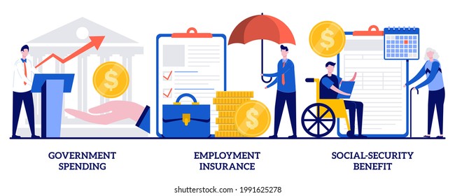 Government spending, employment insurance, social-security benefit concept with tiny people. Country budget vector illustration set. Sickness benefit, retirement insurance, disability metaphor.