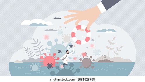 Government Stimulus As Financial Support In Covid Crisis Tiny Person Concept. Economical Business Help With Money Safety And Rescue From Coronavirus Pandemic Caused Bankruptcy Vector Illustration.