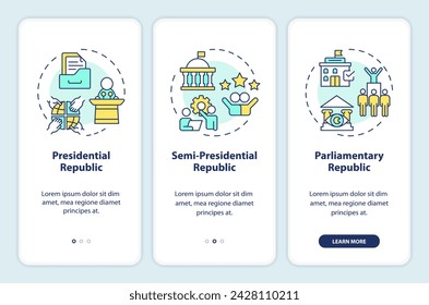 Government structure onboarding mobile app screen. Political system. Walkthrough 3 steps editable graphic instructions with linear concepts. UI, UX, GUI template. Myriad Pro-Bold, Regular fonts used