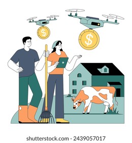 Government subsidy. Agricultural sector receive financial support. Farmers with modern tools and drones for efficient farming. Government budget strategy. Flat vector illustration.