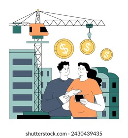 Subsidio gubernamental. El sector de la construcción recibe apoyo financiero. Inversión gubernamental en desarrollo urbano. Estrategia presupuestaria del Gobierno. Ilustración vectorial plana.