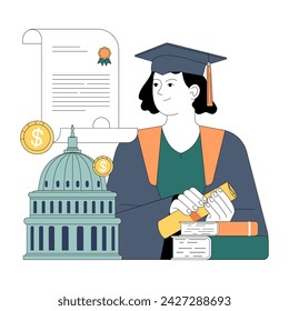 Subsidio gubernamental. El sector de la educación recibe apoyo financiero. Graduado con diploma y gorra. Programa de becas académicas. Estrategia presupuestaria del Gobierno. Ilustración vectorial plana.