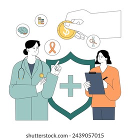 Government subsidy. Healthcare sector receive financial support. Financial support for medical services, public health funding. Government budget strategy. Flat vector illustration.