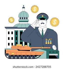 Government subsidy. Military sector receive financial support. Strategic defense investment. Government budget strategy. Flat vector illustration.