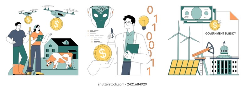 Government subsidy set. Diverse sectors including agriculture, healthcare, energy and military receive financial support. Government budget strategy. Flat vector illustration.