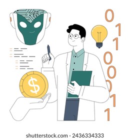 Government subsidy. Technology developing sector receive financial support. Male scientist or inventor works with artificial intelligence, machine learning and robotics. Flat vector illustration.