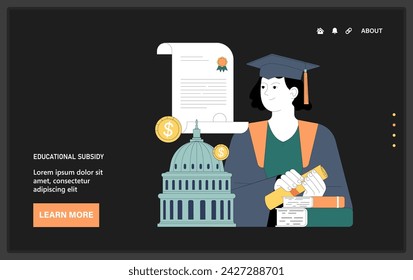 Government subsidy web or landing. Education sector receive financial support. Graduate with diploma and cap. Academic scholarship program. Government budget strategy. Flat vector illustration.