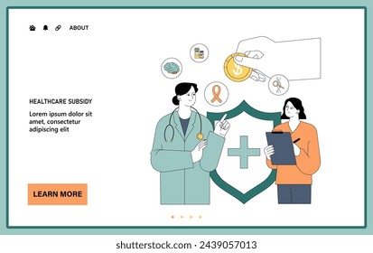 Government subsidy web or landing. Healthcare sector receive financial support. Financial support for medical services, public health funding. Government budget strategy. Flat vector illustration.