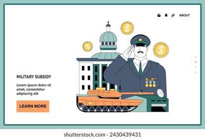 Government subsidy web or landing. Military sector receive financial support. Strategic defense investment. Government budget strategy. Flat vector illustration.