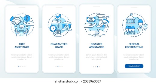 Government support of small business onboarding mobile app page screen. Startup walkthrough 4 steps graphic instructions with concepts. UI, UX, GUI vector template with linear color illustrations