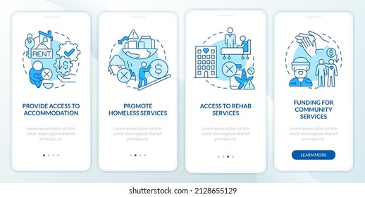 Unterstützungsprogramme der Regierung auf dem mobilen Apps-Bildschirm. Exemplarische Vorgehensweise für 4 Stufen - Seiten mit grafischen Instruktionen mit linearen Konzepten. UI, UX, GUI-Vorlage. Myriad Pro-kühne, Standardschriftarten verwendet