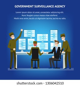 Government Surveillance Agency. Sequrity Room Desk. Cybersecurity Monitoring Technical Equipment. Military People near Operation Panel with Technical Professional. Tracking Analysis.