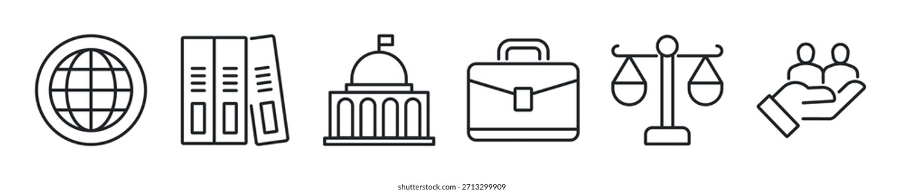 Conjunto de iconos de línea delgada de gobierno. Iconos mínimos de Web